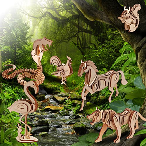 calary 3D Wooden Puzzle Simulation Animal Dinosaur Assembly DIY Model Toy for Kids and Adults,Set of 6 - style: C-Animals Assembly
