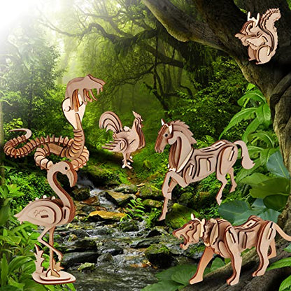 calary 3D Wooden Puzzle Simulation Animal Dinosaur Assembly DIY Model Toy for Kids and Adults,Set of 6 - style: C-Animals Assembly