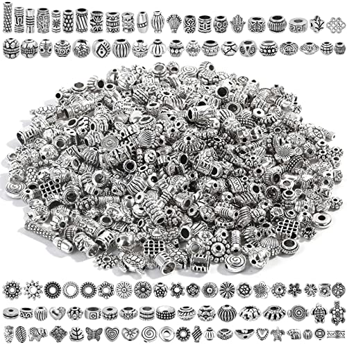 500 Pcs Bracelet Spacer Beads, Silver Bulk Random Styles Loose Spacer Metal Charm for Necklace, Earring Making DIY Jewelry Accessories - color: Silver3