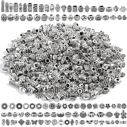 500 Pcs Bracelet Spacer Beads, Silver Bulk Random Styles Loose Spacer Metal Charm for Necklace, Earring Making DIY Jewelry Accessories - color: Silver3