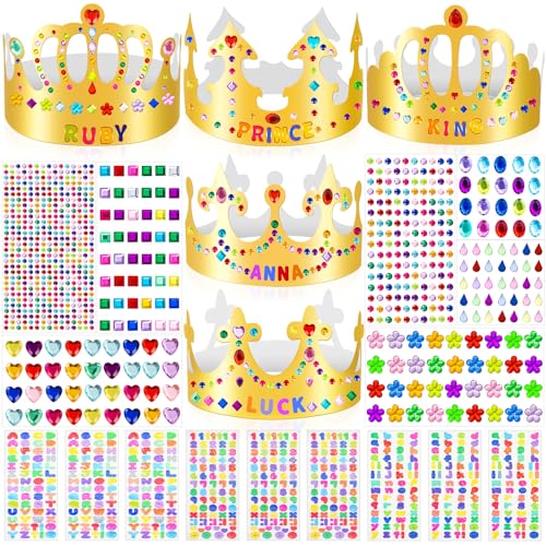 Gold Paper Crowns, Diy Birthday King Crowns Craft to Decorate, Paper Prince Princess Crown Hats for School Classroom - style: 46(30 Crowns+16 Sticker Gems)