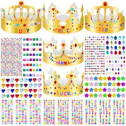 Gold Paper Crowns, Diy Birthday King Crowns Craft to Decorate, Paper Prince Princess Crown Hats for School Classroom - style: 46(30 Crowns+16 Sticker Gems)