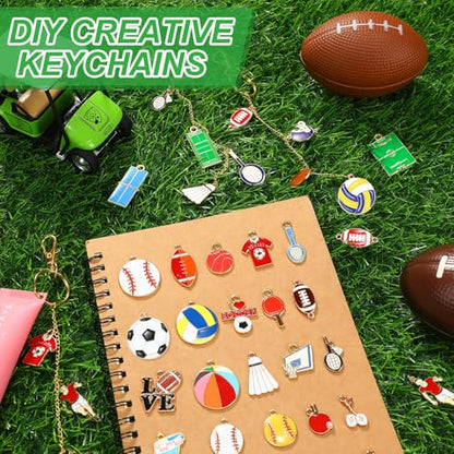 VioraWhite 213 Pcs Sports Theme Keychain Making Kit Ball Bag Charm Kit Lip Gloss Keychain 100 Football Volleyball Table Tennis Basketball Baseball Charms 32.81 ft Gold Chains for DIY Crafts Women - style: Sports Theme
