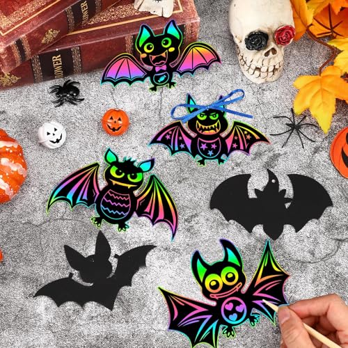JULMELON 36 Pcs Halloween Scratch Art Bat Crafts Kit for Kids Party Favors - style: Halloween Bat