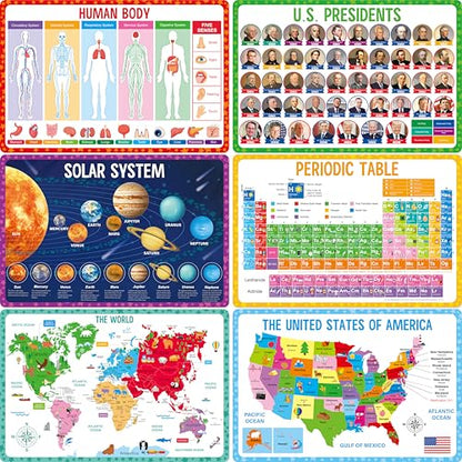 6 Pack Placemats for Kids, Non-Slip Washable, Reusable Universe, Periodic Table, US President, Human Body, Map of USA & World Educational Placemats for Home, Kindergarten, Classroom, Nursery - style: Education-A