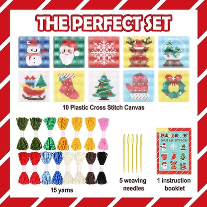 Pllieay Christmas 10-in-1 Cross Stitch Beginner Kit for Kids, Includes Instruction of 10 Different Patterns, 10 Printed Plastic canvases for Needlework, Needlepoint Starter Sewing Set - size: Christmas