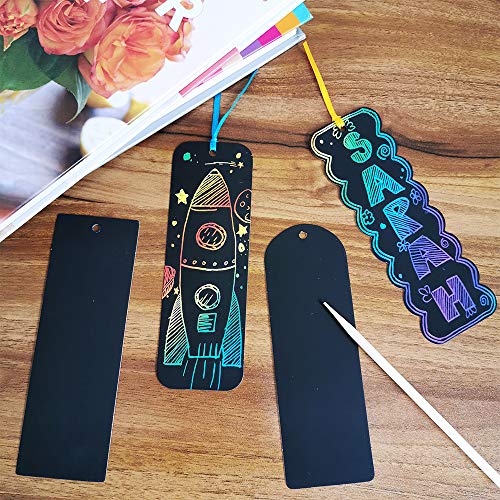 Supla 36 Sets 4 Style Magic Scratch Rainbow Bookmarks Making Kit for Kids Students Party Favor Scratch Paper DIY Bookmarks Bulk with Scratching Tools Satin Ribbons for Classroom Activities - size: Small