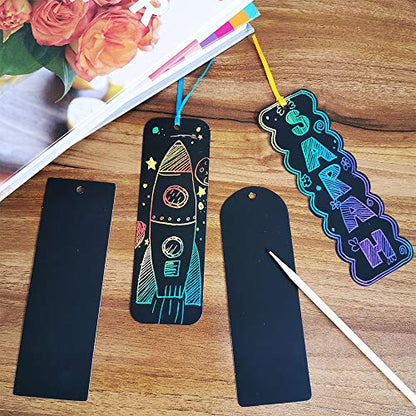 Supla 36 Sets 4 Style Magic Scratch Rainbow Bookmarks Making Kit for Kids Students Party Favor Scratch Paper DIY Bookmarks Bulk with Scratching Tools Satin Ribbons for Classroom Activities - size: Small