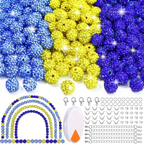 Dowarm 255PCS 10mm Rhinestone Beads for Baseball Rhinestone Necklace Bracelet Jewelry Making, Round Polymer Clay Beads for Crafts Beaded Pen, DIY Shamballa Pave Disco Bead, Ice Blue|Blue|Yellow - color: 06-Ice Blue | Blue | Yellow