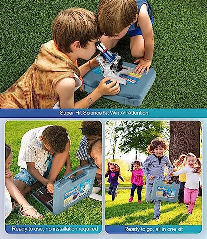 58-Piece Kids Microscope Kit - 100X-1200X Magnification, Metal Body, LED Light, Carrying Box - Science Experiment Toy for Kids Ages 5-12