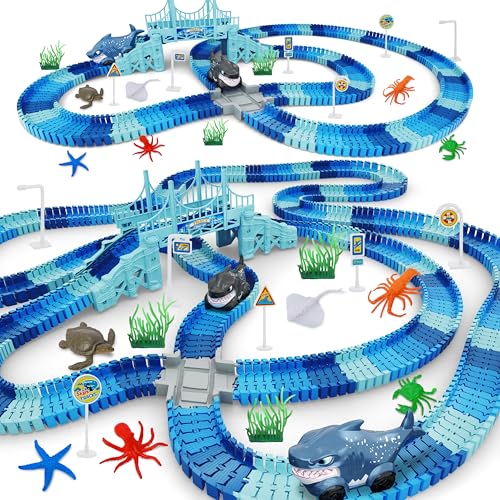 Track Race Car Toys for Kids, Create A Ocean World Race Road Race Tracks - color: Blue-shark