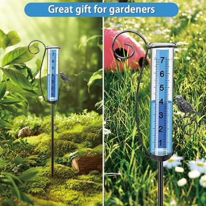 Rain Gauge Outdoor, Upgraded Unique Decorative Bird Ornament Tall Rain Measure Gauge Stake, Adjustable Height Frost-Proof Tube with Large Bold Scale for Yard Lawn Patio