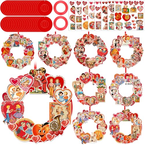 Hollowfly 48 Sets Vintage Valentine DIY Wreath Craft Kit for Kids Classroom - style: Vintage Valentine's Day