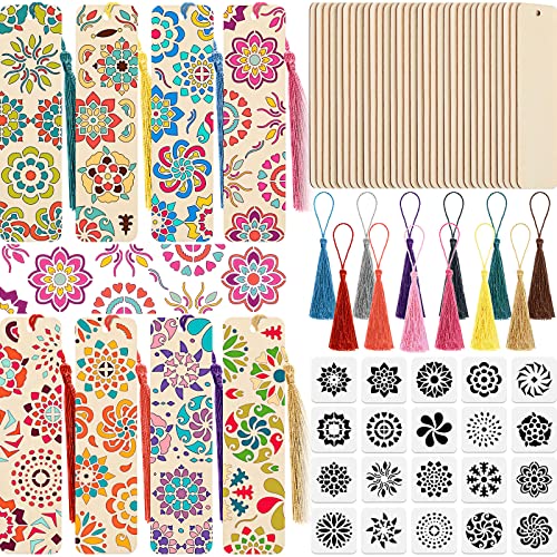 TaoBary 92 Pcs 6 x 2 Inch Floral Wood Bookmark Making Kit Includes 36 Unfinished Blank Bookmarks 36 Tassels 20 Templates, Back to School DIY Painting Craft for Home Class Holiday Teachers Gift - style: Floral