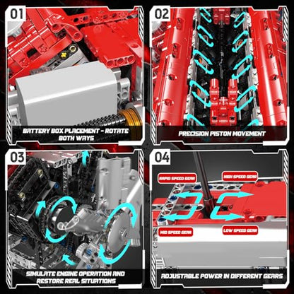 Mould King V12 Engine Model Kit that Runs - Motorized Mini Engines Building Blocks Set with Battery & Gearshift, Car Construction STEM Toy for Adults, DIY Mechanic Engineering Kit (3472+ PCS) - style: WX-10169