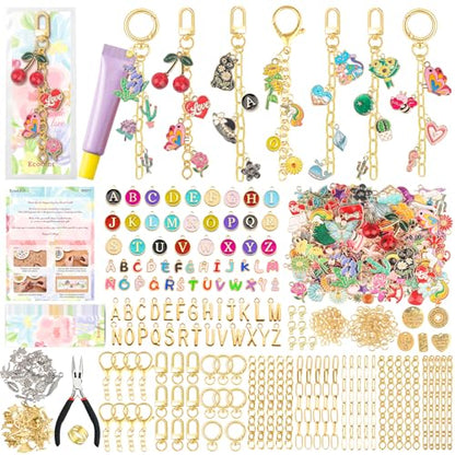 Ecoofor 613 PCS Charms Lip Gloss Keychain Making Kit, Bag Charm Kit with 178 Charms, 25 Keychain Clips & Extender Chains, Jewelry Pliers, Gift Bags & DIY Keychain Craft Supplies - color: Gold - 613 Pcs Kit