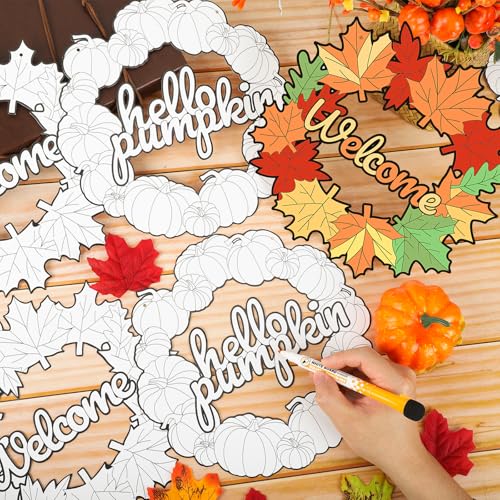 Sereliy 24 Pcs Fall Coloring Wreath Crafts, Color Your Own Thanksgiving Crafts, DIY Paper Fall Wreath for Classroom Activities Thanksgiving Games.(Thanksgiving) - color: Thanksgiving