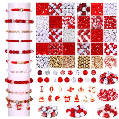 2200PCS+ Game Day Beads Charms for Bracelet Making Polymer Clay Beads Crystal Pearl Letter Gold Spacer Beads Football Charms for Game Day Bracelet Necklace Making DIY Crafts - color: Red White