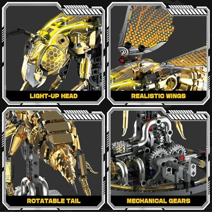 Mechanical Bee Building Set for Adults, Technic Animal Building Block Insect Model with Lights & Moving Wings, Golden Robot Bee Collectible Toy Kit, Creative Display & Gift Idea, 832Pcs