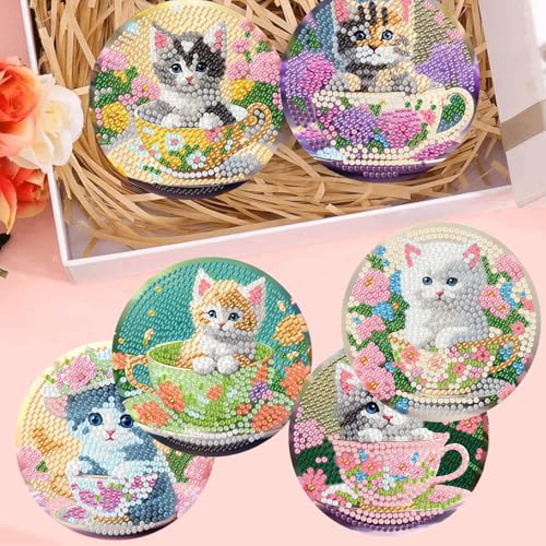 8 Pack Diamond Art Coasters Kits - Cute Cat Diamond Painting Coasters - color: Cute Cat