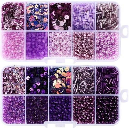 Norme 2 Sets Glass Seed Beads and Loose Sequins Kit Loose Beads for Jewelry Making DIY Crafts Felt Kits Embroidery Bracelets and Necklaces 20 Colors (Purple) - color: Purple