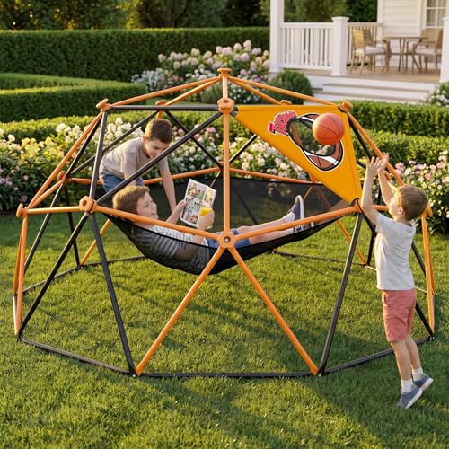 jumpfly 10FT Climbing Dome with Hammock & Ball Toss Game, 880LBS Geometric Dome Climber with Cat Paw Safety Holds, Anti-Rust Outdoor Jungle Gym Play Equipment for Kids 3-12 Years - color: Black/Orange