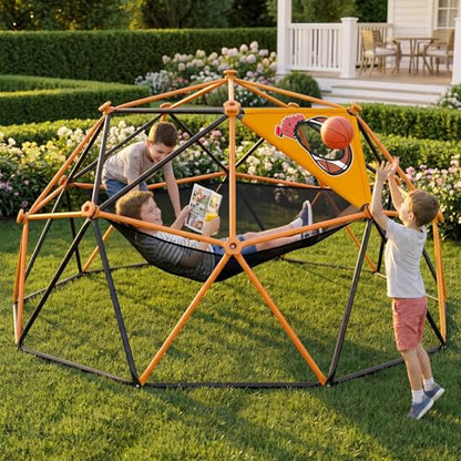 jumpfly 10FT Climbing Dome with Hammock & Ball Toss Game, 880LBS Geometric Dome Climber with Cat Paw Safety Holds, Anti-Rust Outdoor Jungle Gym Play Equipment for Kids 3-12 Years - color: Black/Orange