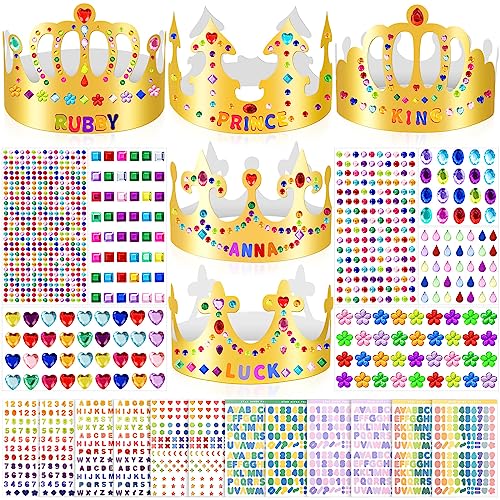Gold Paper Crowns, Diy Birthday King Crowns Craft to Decorate, Paper Prince Princess Crown Hats for School Classroom - style: 54 (35 Crowns+19 Sticker Gems)