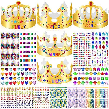 Gold Paper Crowns, Diy Birthday King Crowns Craft to Decorate, Paper Prince Princess Crown Hats for School Classroom - style: 54 (35 Crowns+19 Sticker Gems)