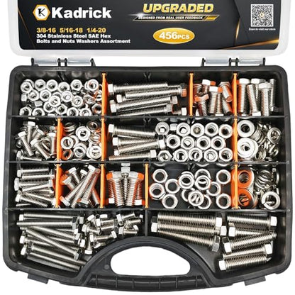 KADRICK 456PCS Stainless Steel Bolt and Nut Kit,SAE 1/4-20 5/16-18 3/8-16 - size: 456Pcs Stainless SAE Hex Bolts
