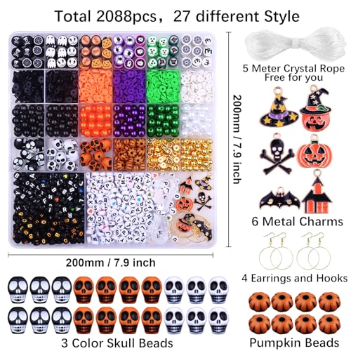 BBita 2088pcs Halloween Polymer Clay Beads Bracelet Making kit, 24 Style Cute Fun Beads Skull Pumpkin Beads Charms for Jewelry Necklace Earring Making DIY Accessories for Women Girls - color: A3#Halloween