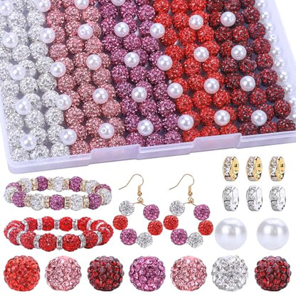 AIPRIDY Jewelry Making Beads Set, 300 PCS 10mm Rhinestone Clay Beads, 8mm Mixed Color Spacer Beads with Pearl and Floral Beads for DIY Jewelry Making (White + Red Series) - color: White + Red Series