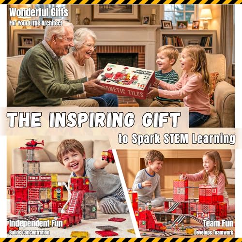 141PCS Magnetic Tiles for kids, Fire Rescue Theme Magnet Tiles with Fire Station & Fire Rescue Vehicles, STEM Magnetic Tiles for Kids Ages 4-8, Preschool Educational Building Toys for Boys & Girls - style: 141PCS Fire Station Magnetic Tiles