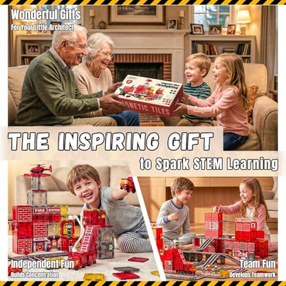 141PCS Magnetic Tiles for kids, Fire Rescue Theme Magnet Tiles with Fire Station & Fire Rescue Vehicles, STEM Magnetic Tiles for Kids Ages 4-8, Preschool Educational Building Toys for Boys & Girls - style: 141PCS Fire Station Magnetic Tiles