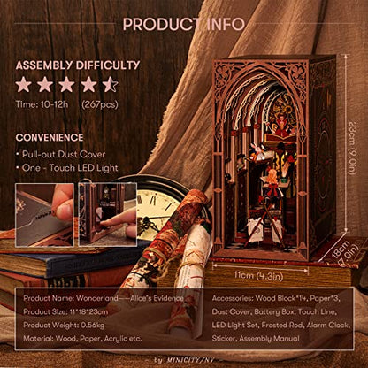 MiniCity Alice in Wonderland Book Nook Kit, DIY 3D Wooden Puzzle with LED - color: Alice's Evidence