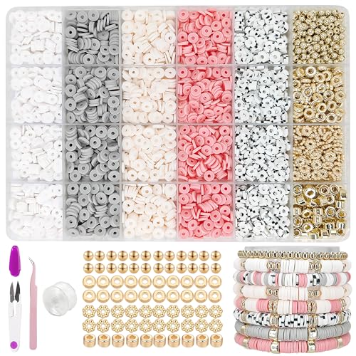MIIIM Boho Neutral Clay Bead Bracelet Kit, Heishi Beads, Flat Clay Beads and Gold Spacer Beads for Jewelry Making, Friendship Bracelet Beads Kit for Valentine's Day, Crafts, Raves, Gifts - color: Boho Neutral