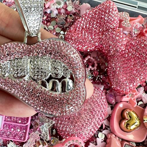 Junk Case Charms Kit, Pink Junks Phones Cases 3D Rhinestone Cool teeth and lips And Bows Chain Bags Hearts And Cross Flowers And Other Bedazzling Kits Can Be Used In DIY Phone Case Designs
