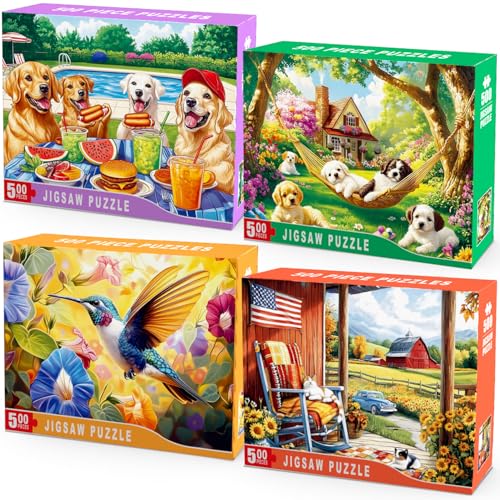 4 Packs 500 Piece Jigsaw Puzzles for Adults – Dog Puzzle, Puppy Garden, Hummingbird Flower Puzzle & Country Farm Landscape Adult Puzzles Set for Stress Relief, Family Activity, Gifts for Women Men - color: Dogs Garden Hummingbird Farm