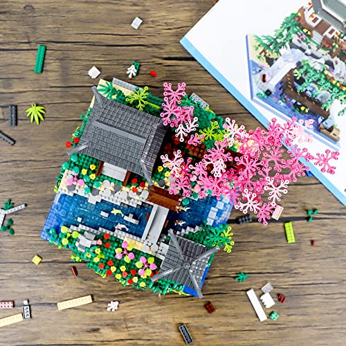 NEWABWN Cherry Blossom Tree Building Set with Lighting, Architecture of Peach Blossom Micro Building Blocks, Japanese Architecture Zen Garden Kit for 14+ Kids Adults (3320 Pieces) - style: Peach Blossom Pond