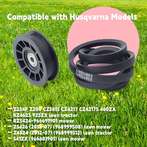 539110311 & 539110411 Drive Idler Pulley and Belt Kit Replacement for Husqvarna Z254F Lawn Mower, Replace 607163 14259 12400