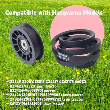 539110311 & 539110411 Drive Idler Pulley and Belt Kit Replacement for Husqvarna Z254F Lawn Mower, Replace 607163 14259 12400