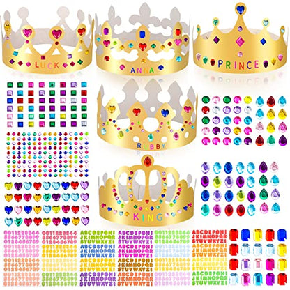 Gold Paper Crowns, Diy Birthday King Crowns Craft to Decorate, Paper Prince Princess Crown Hats for School Classroom - style: 28 (15 Crowns+13 Sticker Gems)