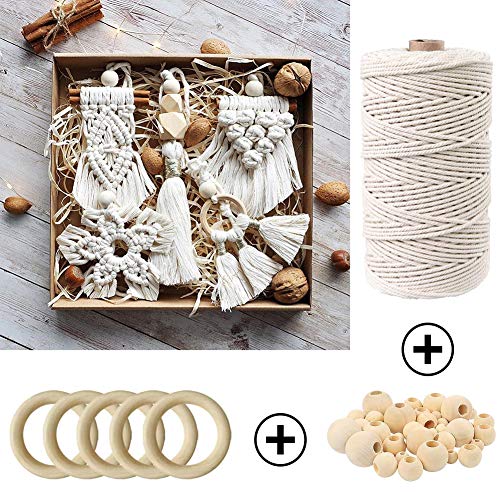 87pcs Macrame Kits for Beginners 3mm x 220yards Natural Cotton Macrame Cord Wall Hanging Kit, Macrame Supplies Best for Macrame Plant Hanger with Wooden Beads,Wooden Rings - size: 3mm x 220yards set-87pcs