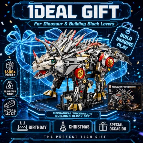Mechanical Triceratops Dinosaur Building Kit, 1688 Pcs Motorized Walking STEM Toy with 2-in-1 Manual & Electric Battery Motor, LED Lights, Movable Joints, Gift for Kids & Adults