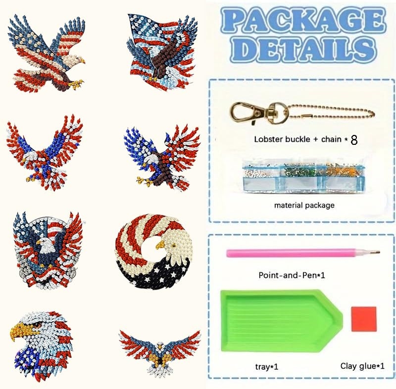 8 PCS Diamond Art Keychain Kits for Kids, DIY Diamond Painting Crafts, Beginner Art Kit, Arts & Crafts Gift - color: Patriotic Eagle