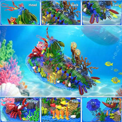 Mechanical Mantis Shrimp Building Block Sets, 1843 Pcs Sea Creatures Building Toys with Miniature Undersea Landscape & Led Light, 18.11x9.45x9.84in DIY Model Kit for Adults Teens 14+