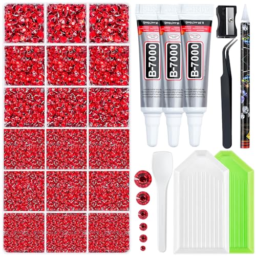 32000 Pcs Resin Jelly Rhinestones Kit, Red 2/3/4/5/6mm Flatback Rhinestones with 3 Pcs B7000 Jewelry Glue & Tools, All-in-One Bedazzling Kit for DIY Arts & Crafts Gifts - color: Red