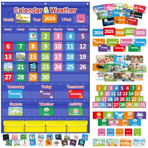 Blue Classroom Calendar Pocket Chart for Kids - Monthly Weather Seasons Learning Chart with 113 Cards | Teacher Must Haves for Kindergarten, Preschool, Homeschool | Interactive Educational Wall Chart - color: Blue