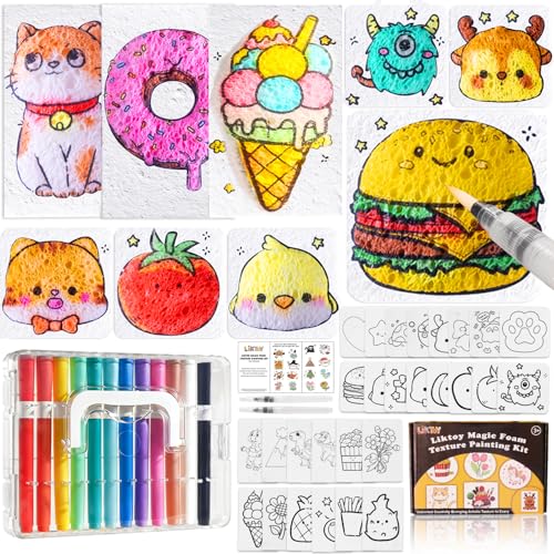 Liktoy 72Pcs Magic Foam Texture Painting Kit, 44Pcs Foam Texture Paper, 24 Colorful Brush, 2 Water Brushes, 3D Effect Texture Painting Set, Ideal for Halloween, Christmas, Birthday Gifts - color: general