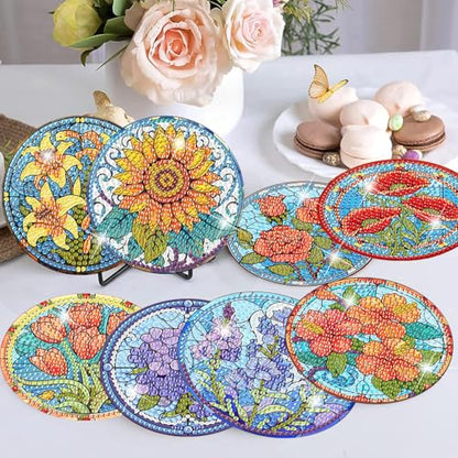 Meothan 8 Pcs Flowers Diamond Art Coasters Kit for Adults with Holder 4x4in - color: Flowers Coasters-D, size: 8 Pcs 4x4in